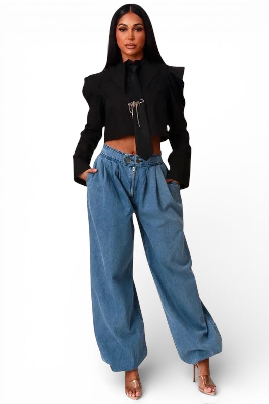 Poplin Crop Shirt Top With Black Tie