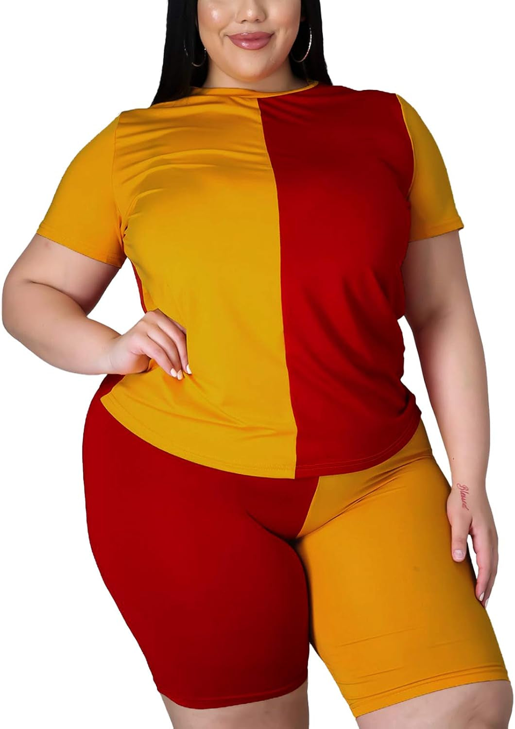 plus Size Casual Summer Two Piece Outfits Women Biker Shorts Set Rompers Color Block 1X Red Yellow