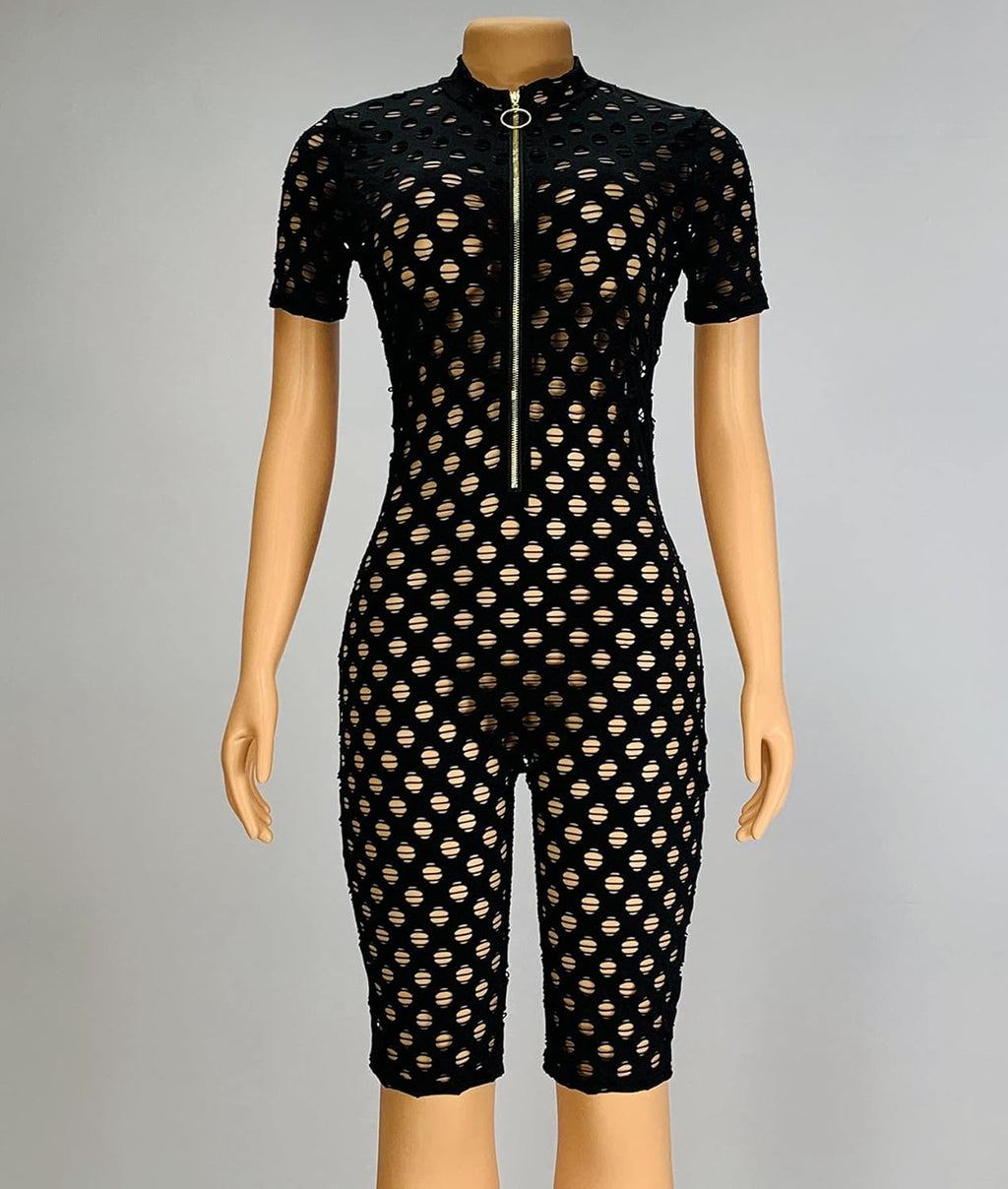 Women'S Sexy Bodycon Jumpsuits See through Short Sleeve Hollow Out Zipper Front One Piece Outfits
