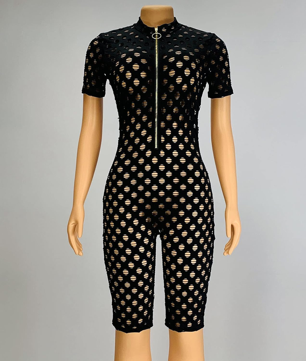 Women'S Sexy Bodycon Jumpsuits See through Short Sleeve Hollow Out Zipper Front One Piece Outfits