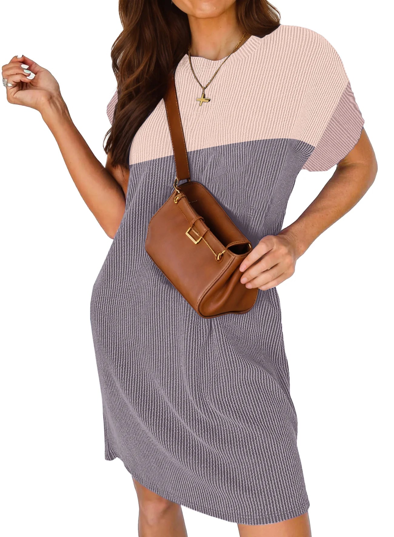 Summer Color Block Dresses for Women Crewneck Short Sleeve T Shirts Dress Ribbed Dresses with Pockets