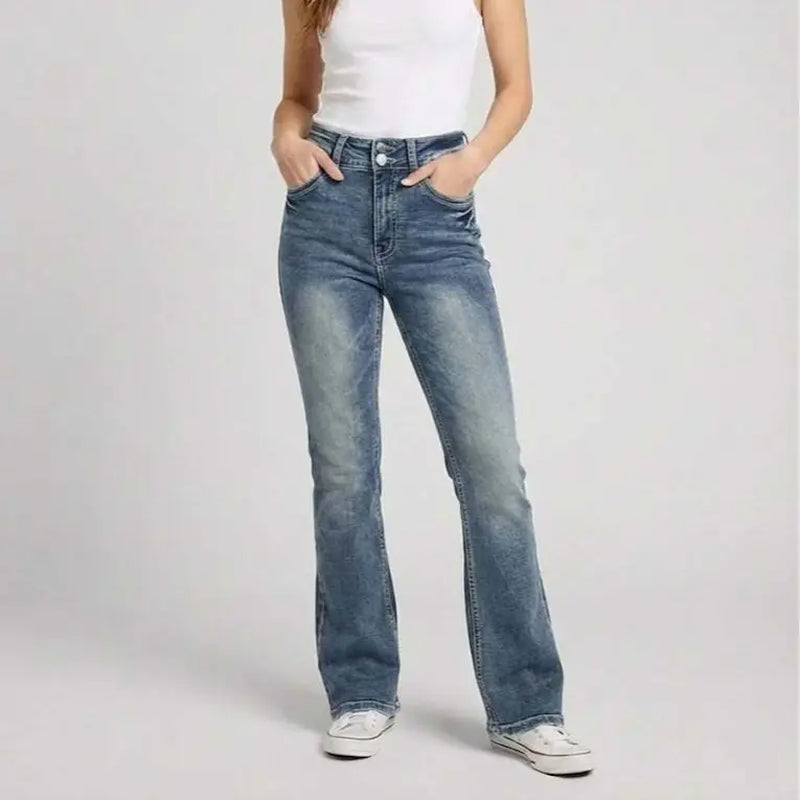 70562-Women'S High Rise Bootcut Jeans, Double-Button Denim Pants for Comfortable Style, Distressed Back Pocket Slim Fit