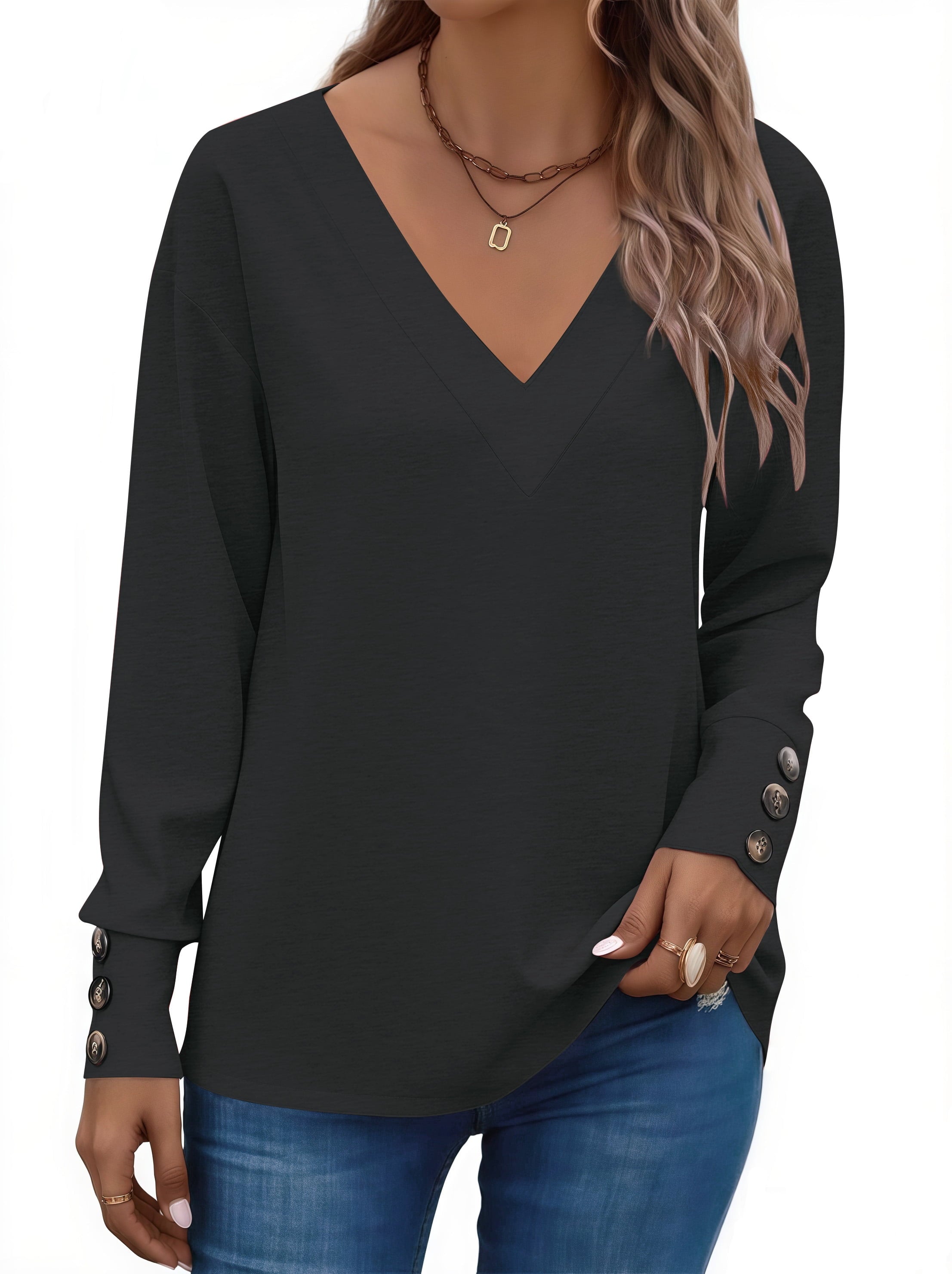 Fall Blouses for Women V Neck Dressy Casual Shirts Loose Fit Long Sleeve Button Tops