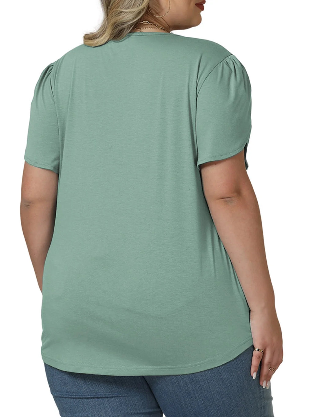 Womens plus Size Tops Dressy Petal Sleeve Shirts 2025 Crew Neck Summer Loose Fit Blouses 5X Lake Green