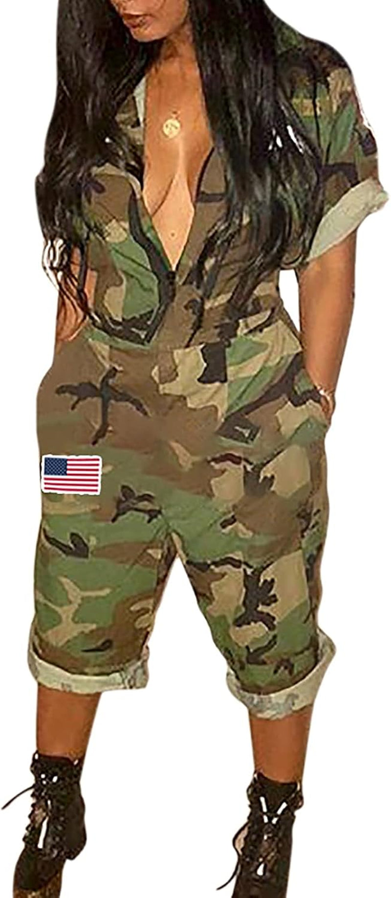 Women'S Casual Camo Jumpsuits, Camouflage Short Sleeve One-Piece Rompers with Pocket