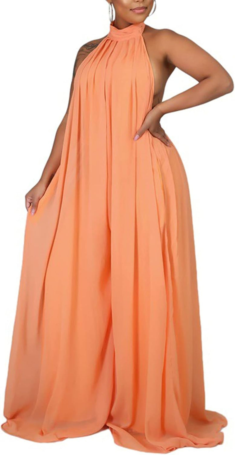 Women’S Sexy Summer Jumpsuit Halter Neck Sleeveless Chiffon Wide Leg Long Pant Jumpsuit Romper One Piece Party Outfit Orange Large