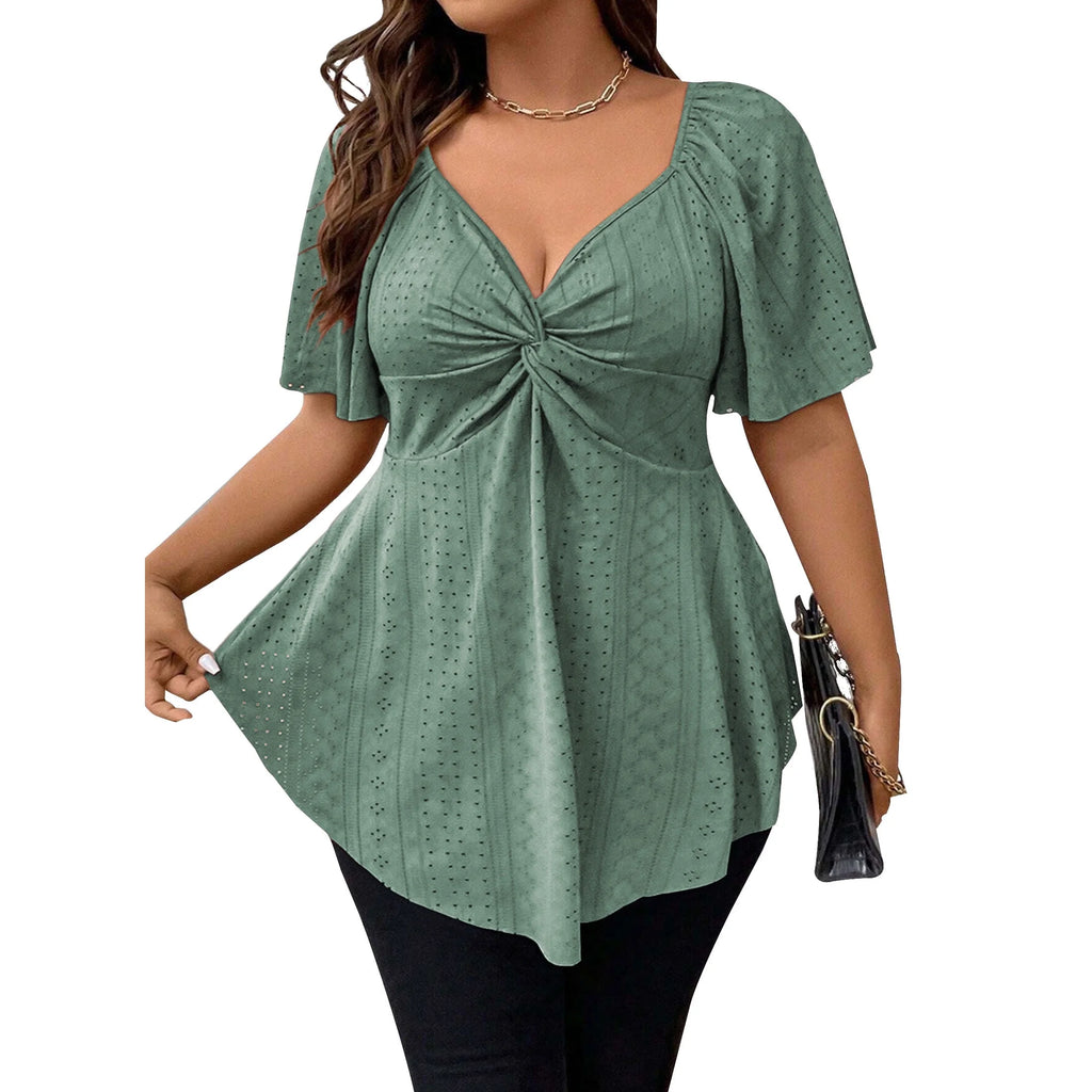 Womens plus Size Tops V Neck Hollow Out Casual High Elasticity Summer Peplum Shirts