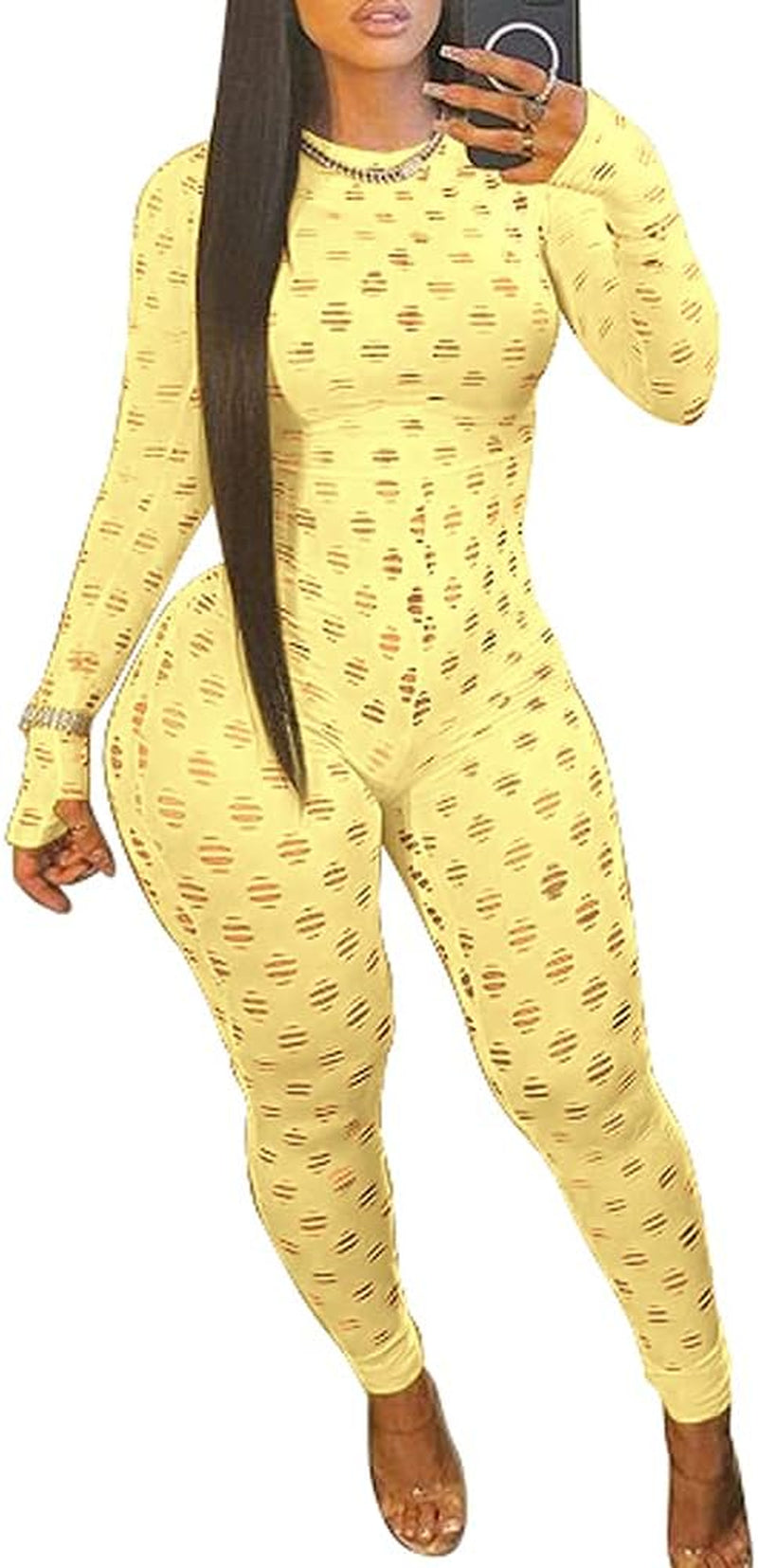 Jumpsuits for Women Elegant Long Sleeve Hollow Out Jumper One Piece Club Outfits Yellow 2XL