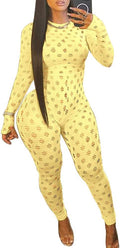 Jumpsuits for Women Elegant Long Sleeve Hollow Out Jumper One Piece Club Outfits Yellow M