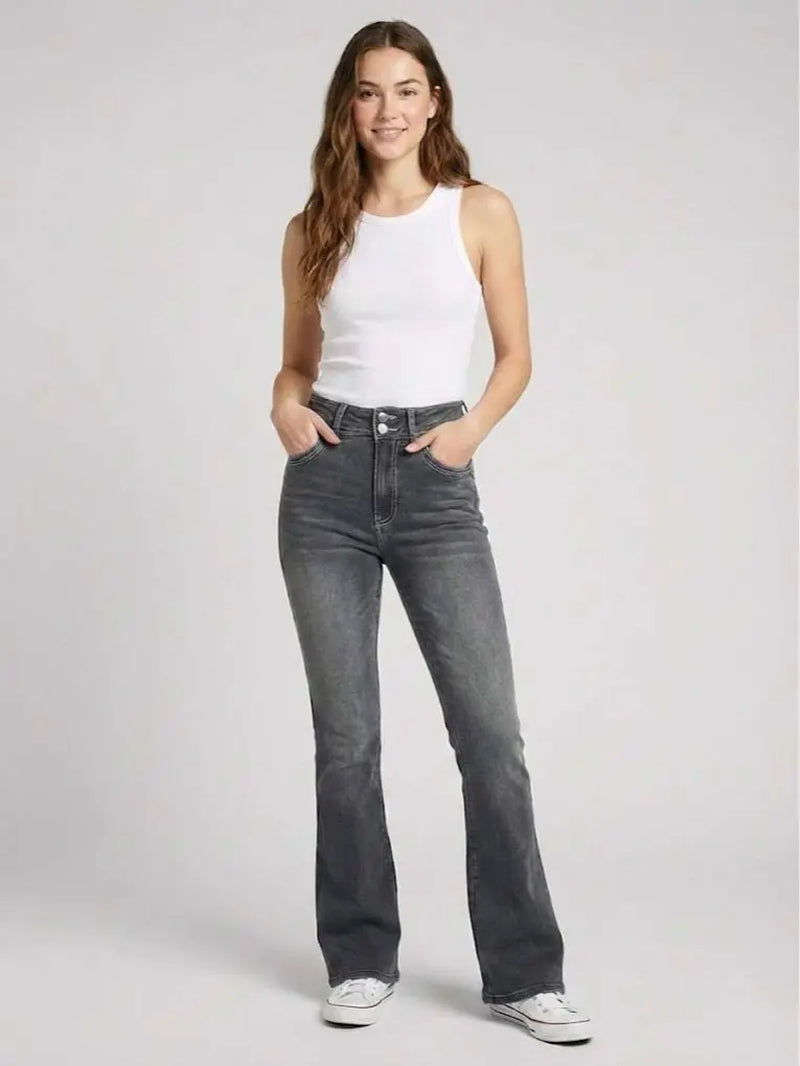 70562-Women'S High Rise Bootcut Jeans, Double-Button Denim Pants for Comfortable Style, Distressed Back Pocket Slim Fit