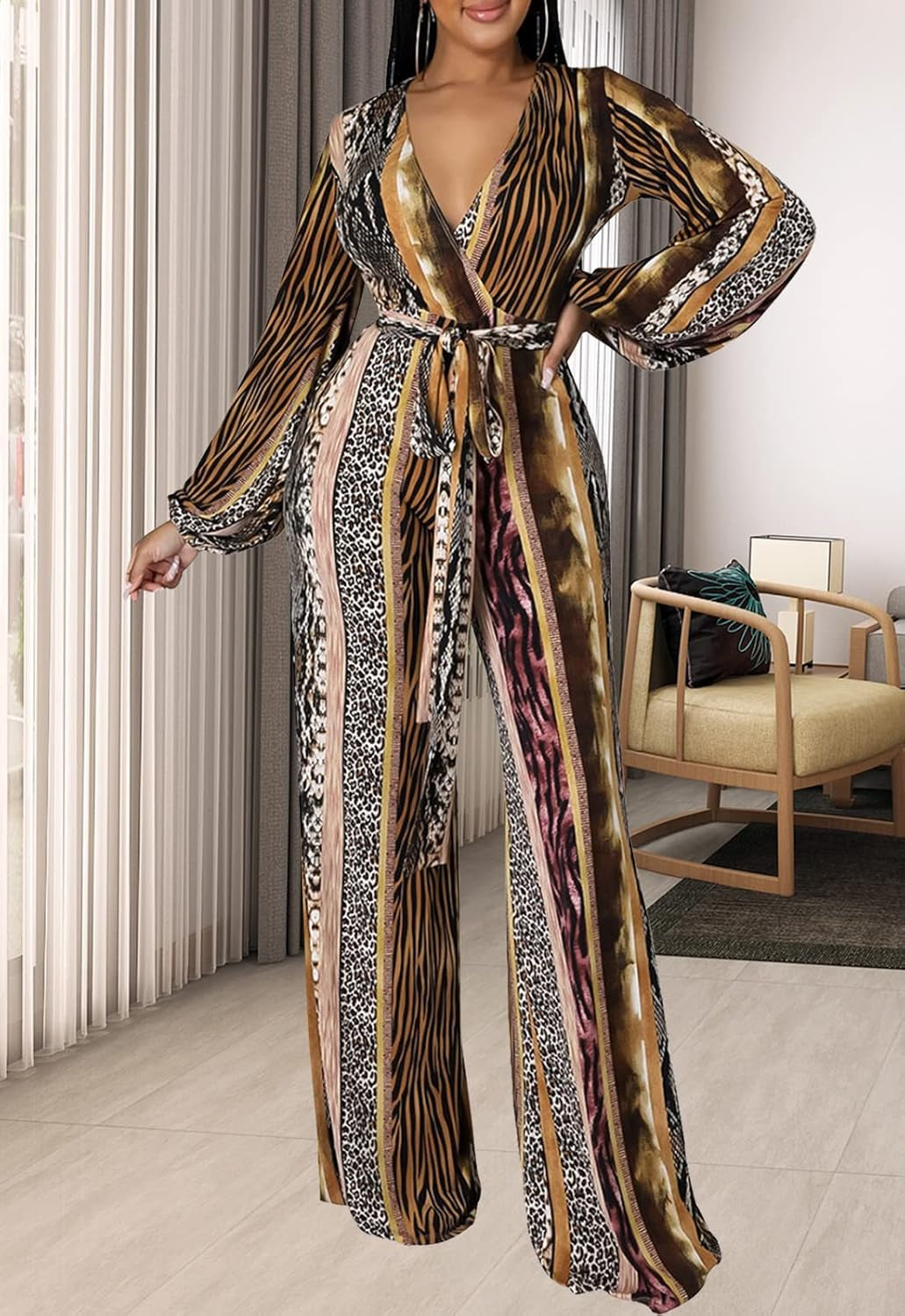 Women'S Sexy Floral Print Elegant One Piece Clubwear Deep V Neck Long Sleeve Casual Jumpsuits
