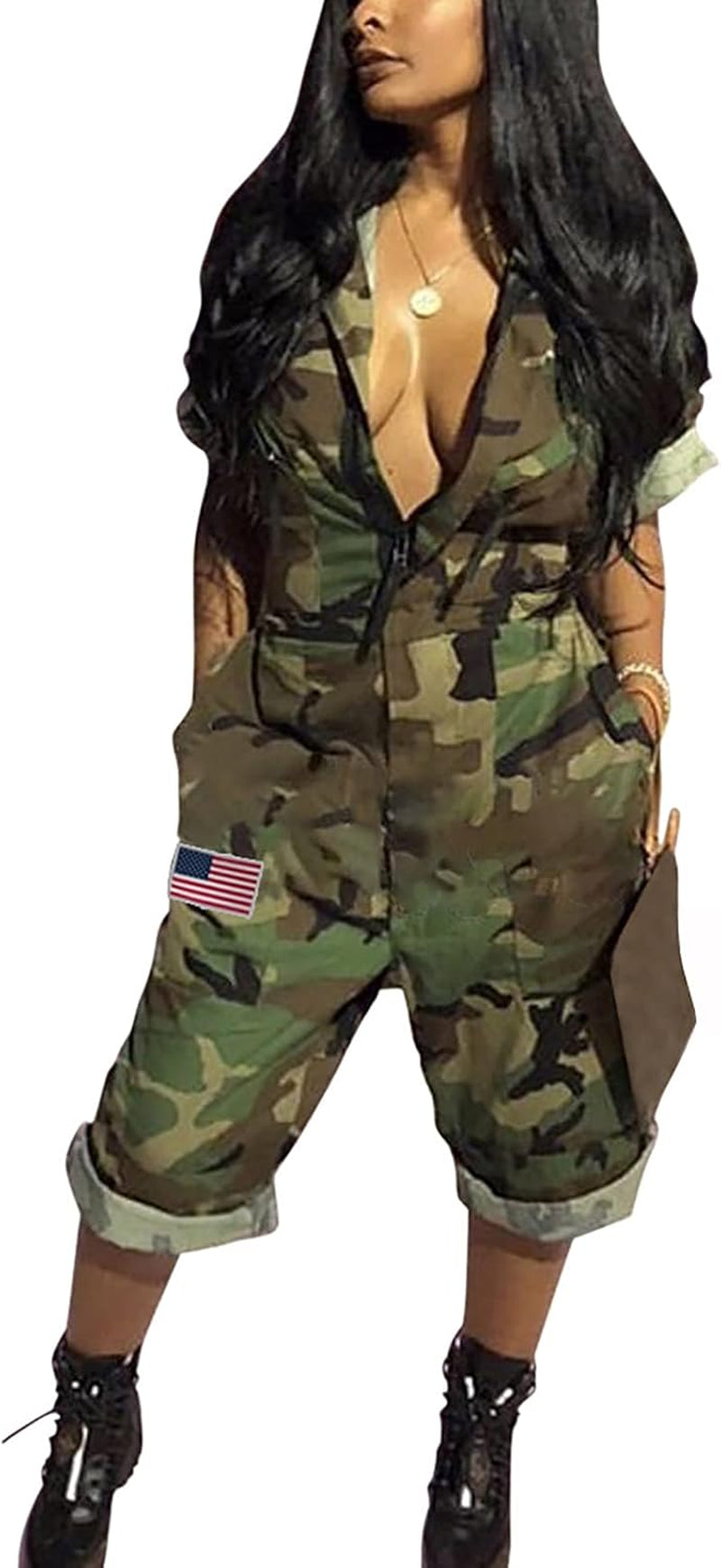 Women'S Casual Camo Jumpsuits, Camouflage Short Sleeve One-Piece Rompers with Pocket
