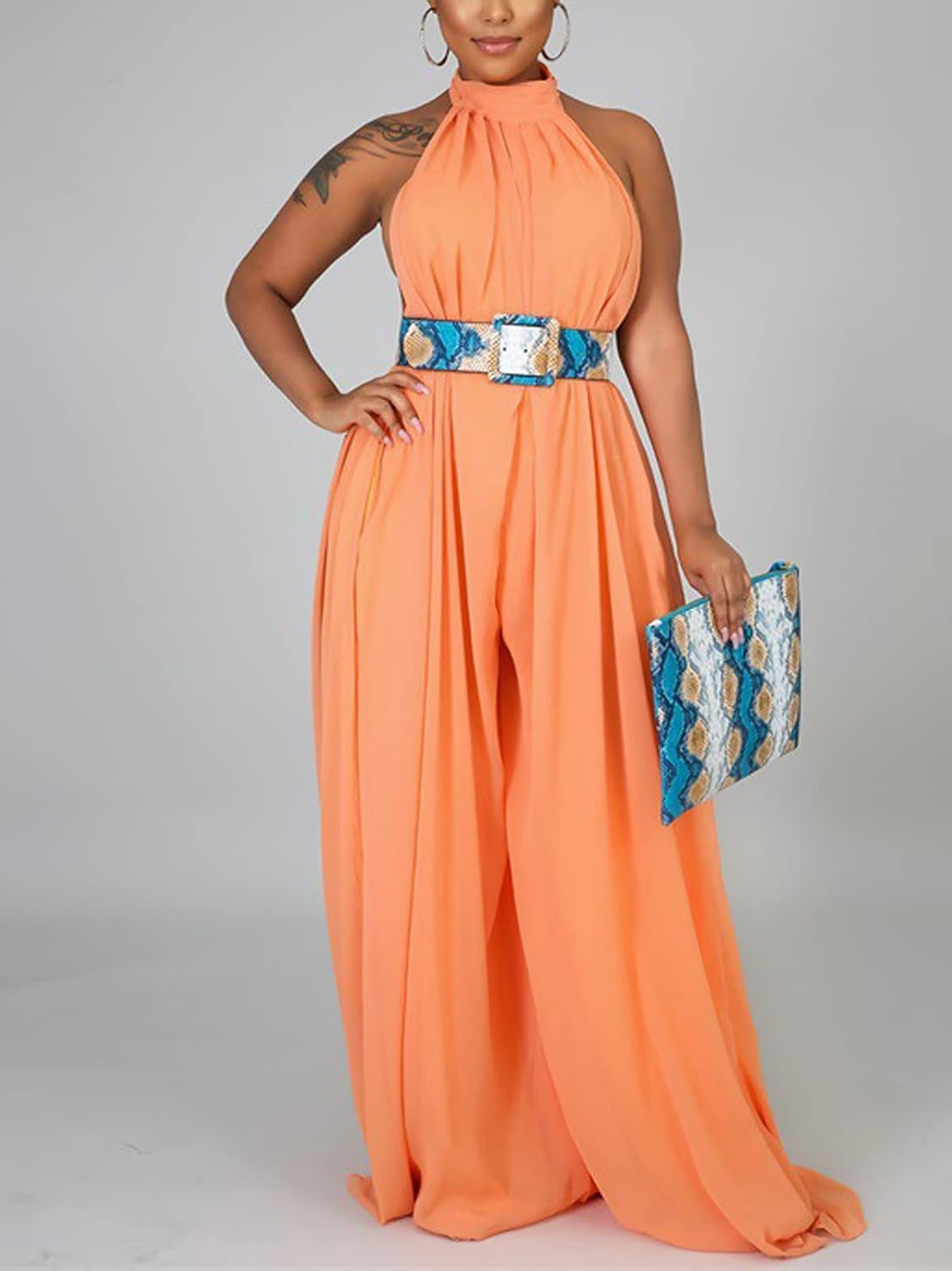 Women’S Sexy Summer Jumpsuit Halter Neck Sleeveless Chiffon Wide Leg Long Pant Jumpsuit Romper One Piece Party Outfit Orange Large