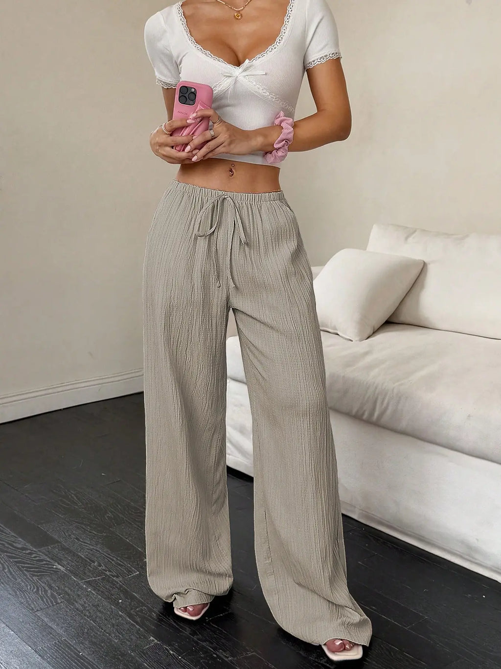 Women'S Wide Leg Pants, High Waisted Drawstring Palazzo Pants, Lightweight Textured Trousers with Pockets, Casual Lounge Beach Vacation
