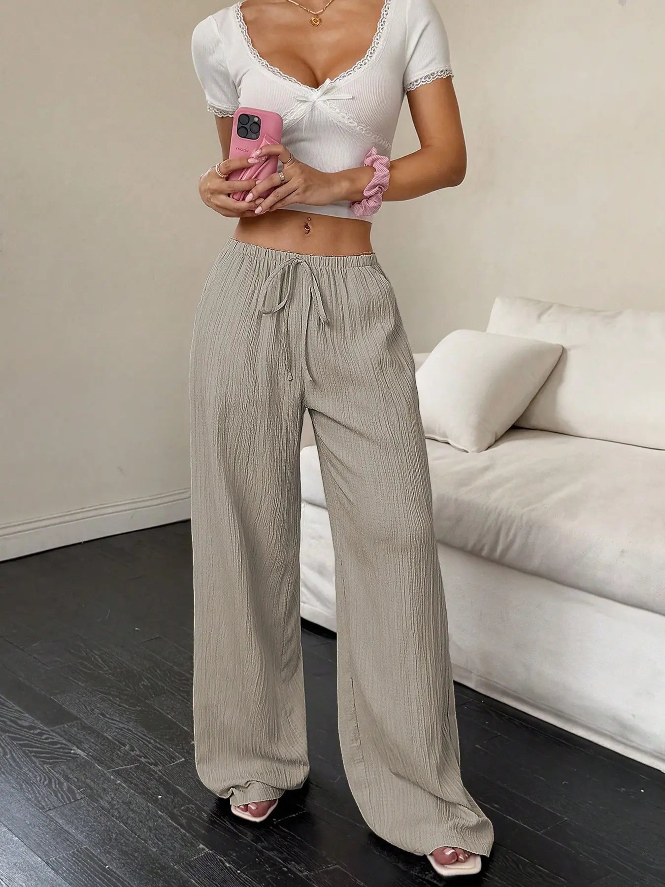 Women'S Wide Leg Pants, High Waisted Drawstring Palazzo Pants, Lightweight Textured Trousers with Pockets, Casual Lounge Beach Vacation
