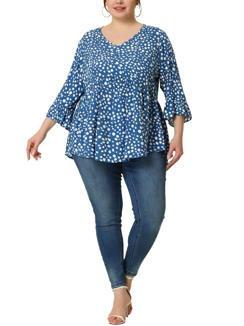 Women'S plus Size Tops Polka Dots V Neck 3/4 Sleeves Peplum Hem Babydoll Blouses 3X Blue
