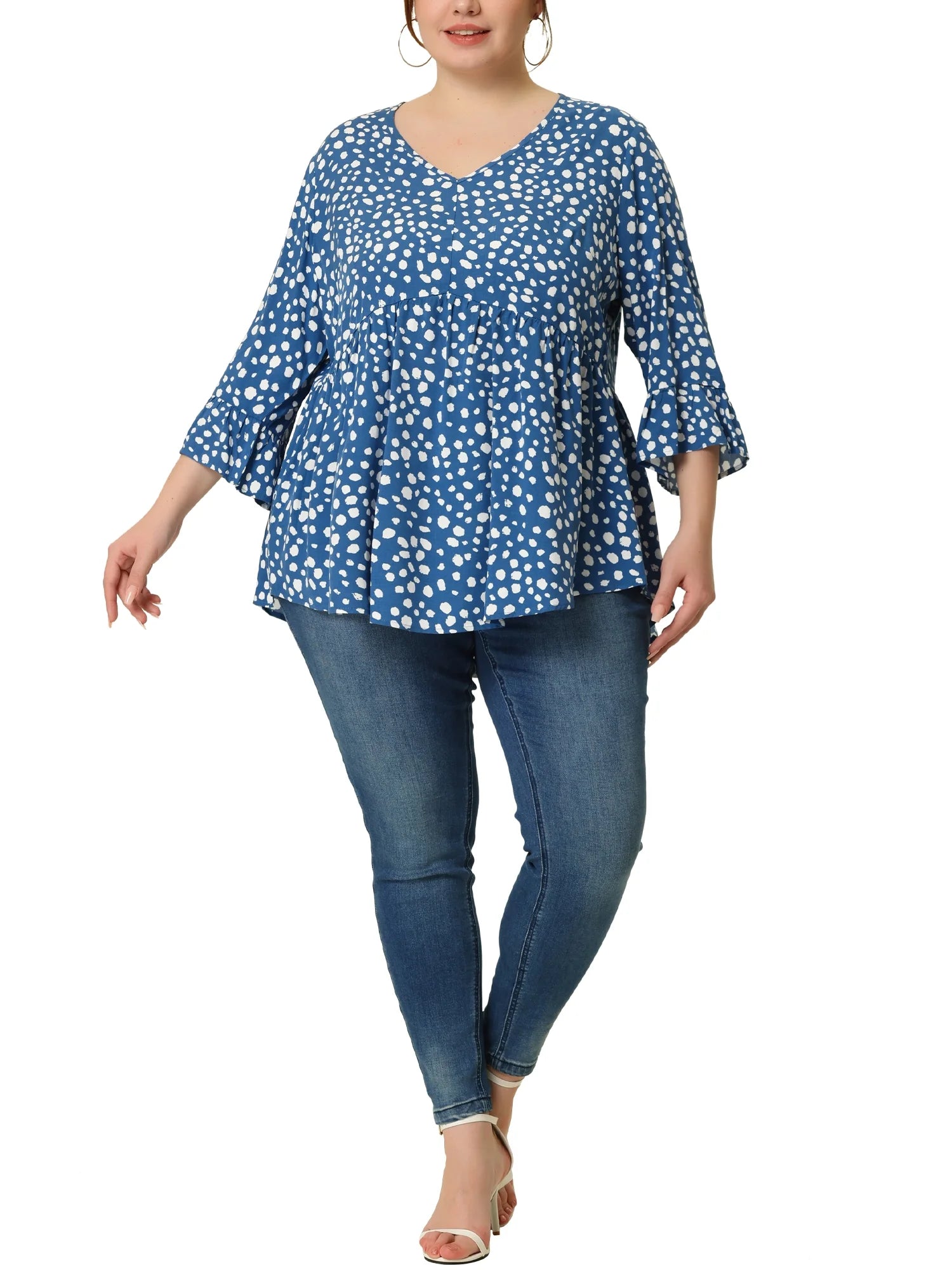 Women'S plus Size Tops Polka Dots V Neck 3/4 Sleeves Peplum Hem Babydoll Blouses 3X Blue