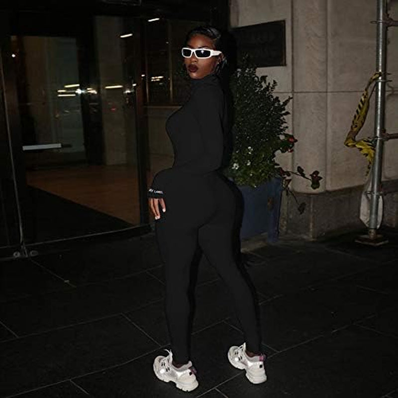 Women Embroidery Zipper High Neck Bodycon Jumpsuit Outfit Long Sleeve Rompers