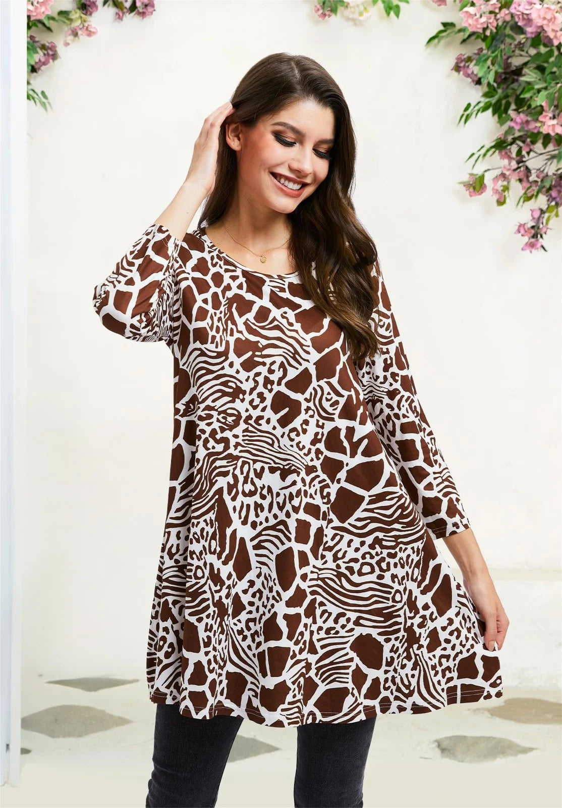 Women'S 3/4 Sleeve Tunic Tops Loose Fit plus Size Blouses Casual Swing Shirts Brown Tee L