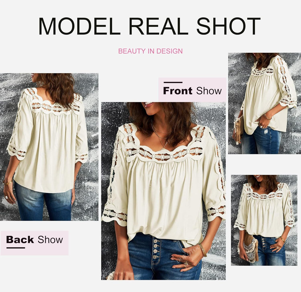 Women Lace Crochet Shirt Solid Color Square Collar Short Sleeve Pleated Pullover Hollow Out Smocked Top Daily Wear Summer,Xl(Us 14-16),White