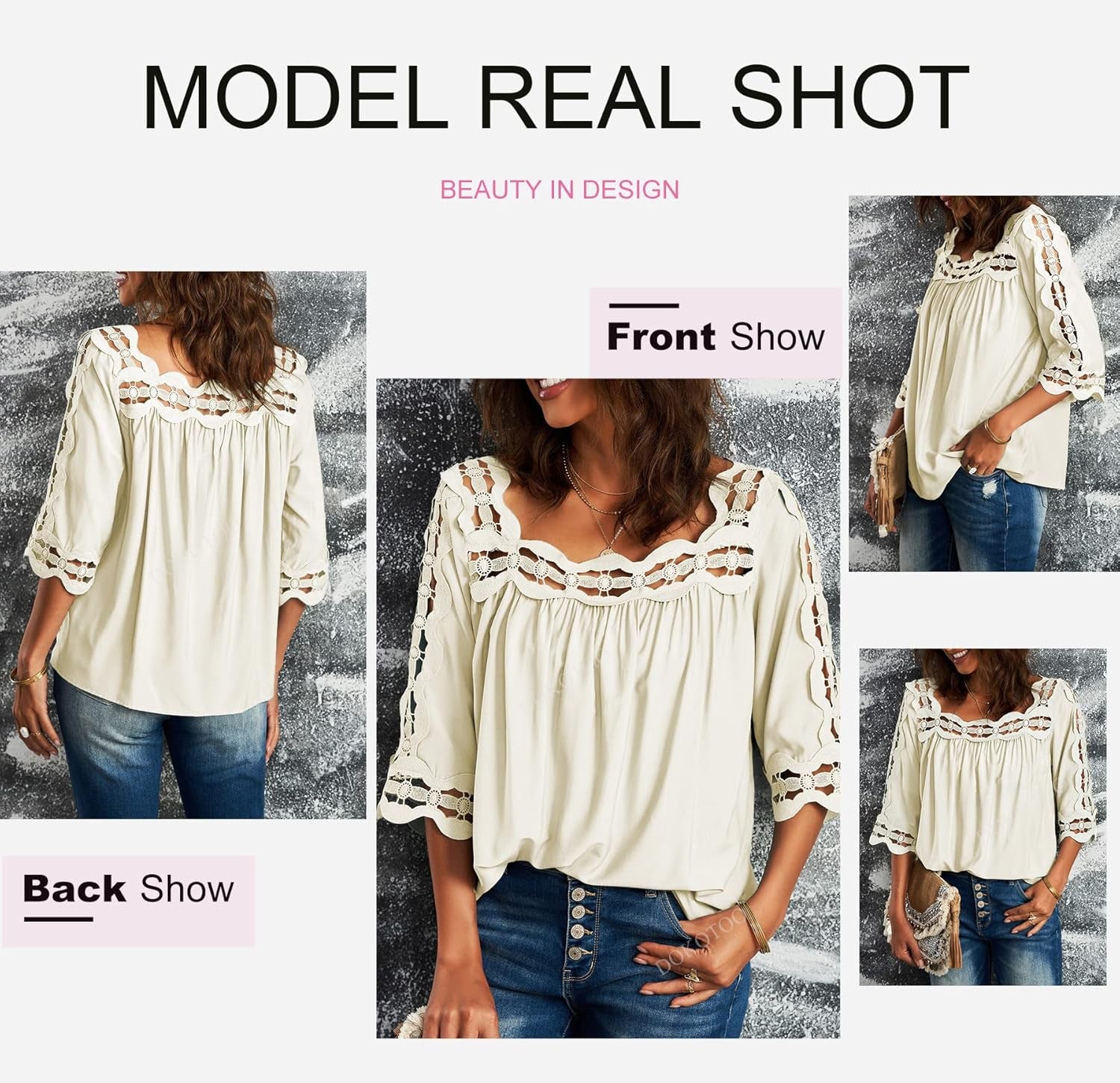 Women Lace Crochet Shirt Solid Color Square Collar Short Sleeve Pleated Pullover Hollow Out Smocked Top Daily Wear Summer,Xl(Us 14-16),White