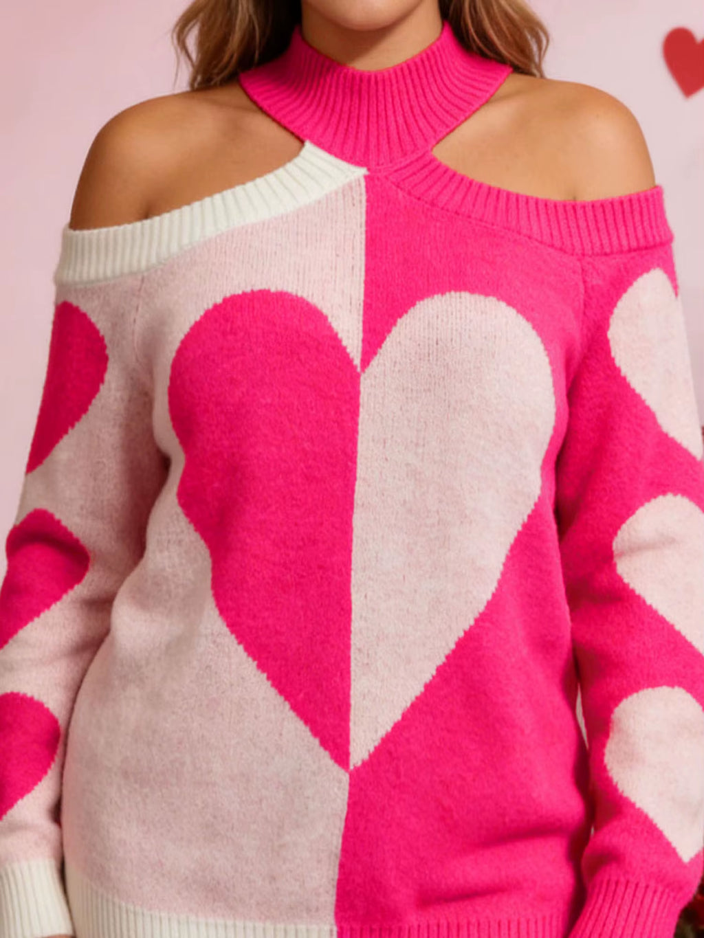 Heart Print Cold Shoulder Knit Sweater for Women - Long Sleeve Loose Pullover Jumper Top for Fall Winter Casual Wear