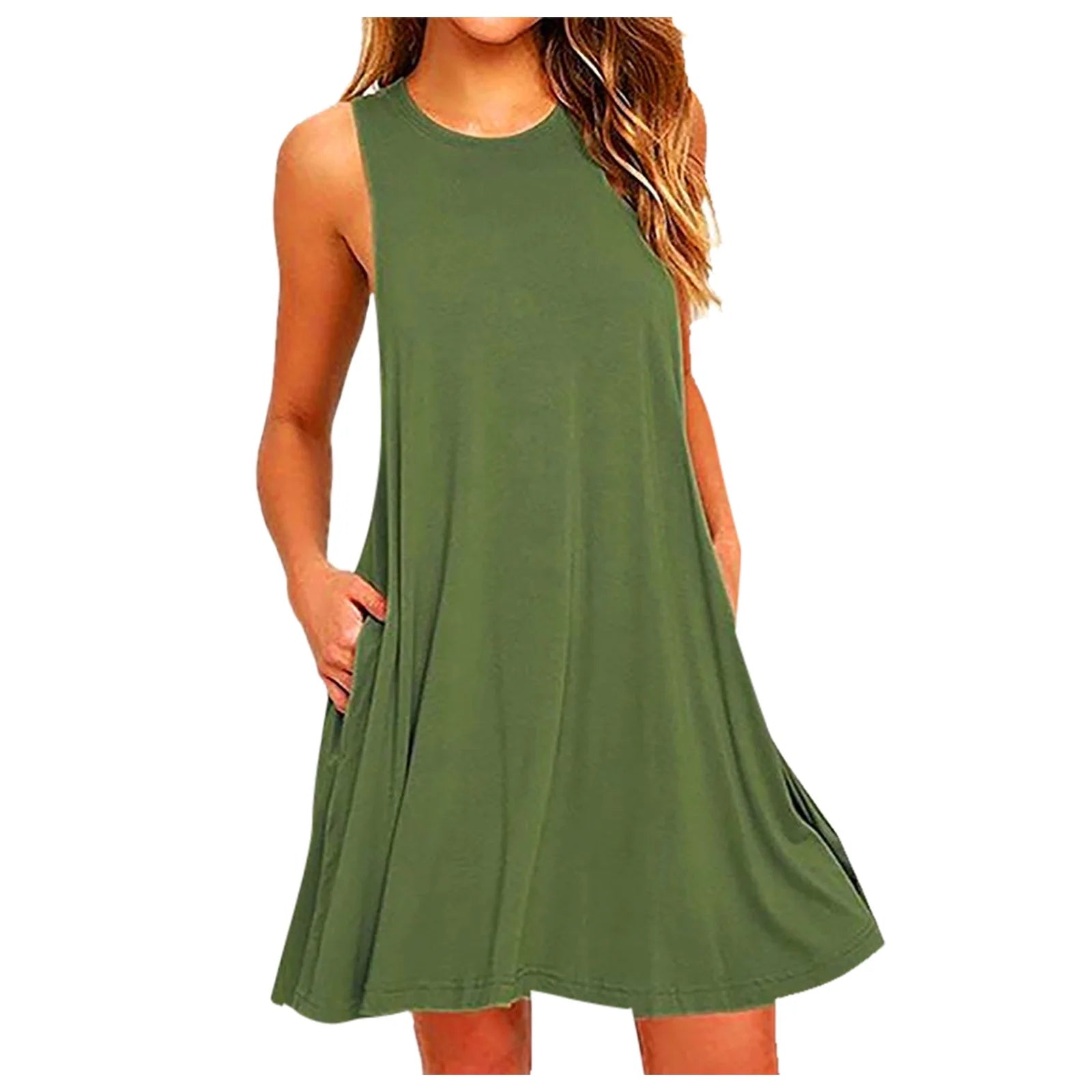 Fesfesfes Summer Dresses for Women round Neck Casual Mini Dress Solid Color Sleeveless Tank Dress Loose above Knee Sun Dress on Sale