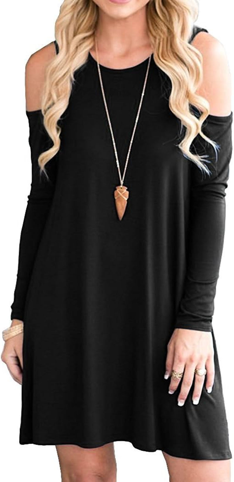 Women'S Cold Shoulder Tunic Top Swing Dresses Loose T-Shirt Casual Dress with Pockets (Xx-Large, 0-Long Sleeve-Black)