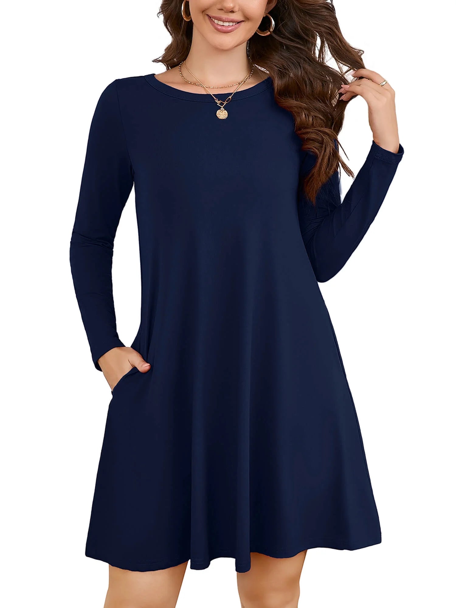 Women'S Long Sleeve Casual Dress Navy Blue 2XL Tunic Dress Loose T-Shirt Dress with Pockets