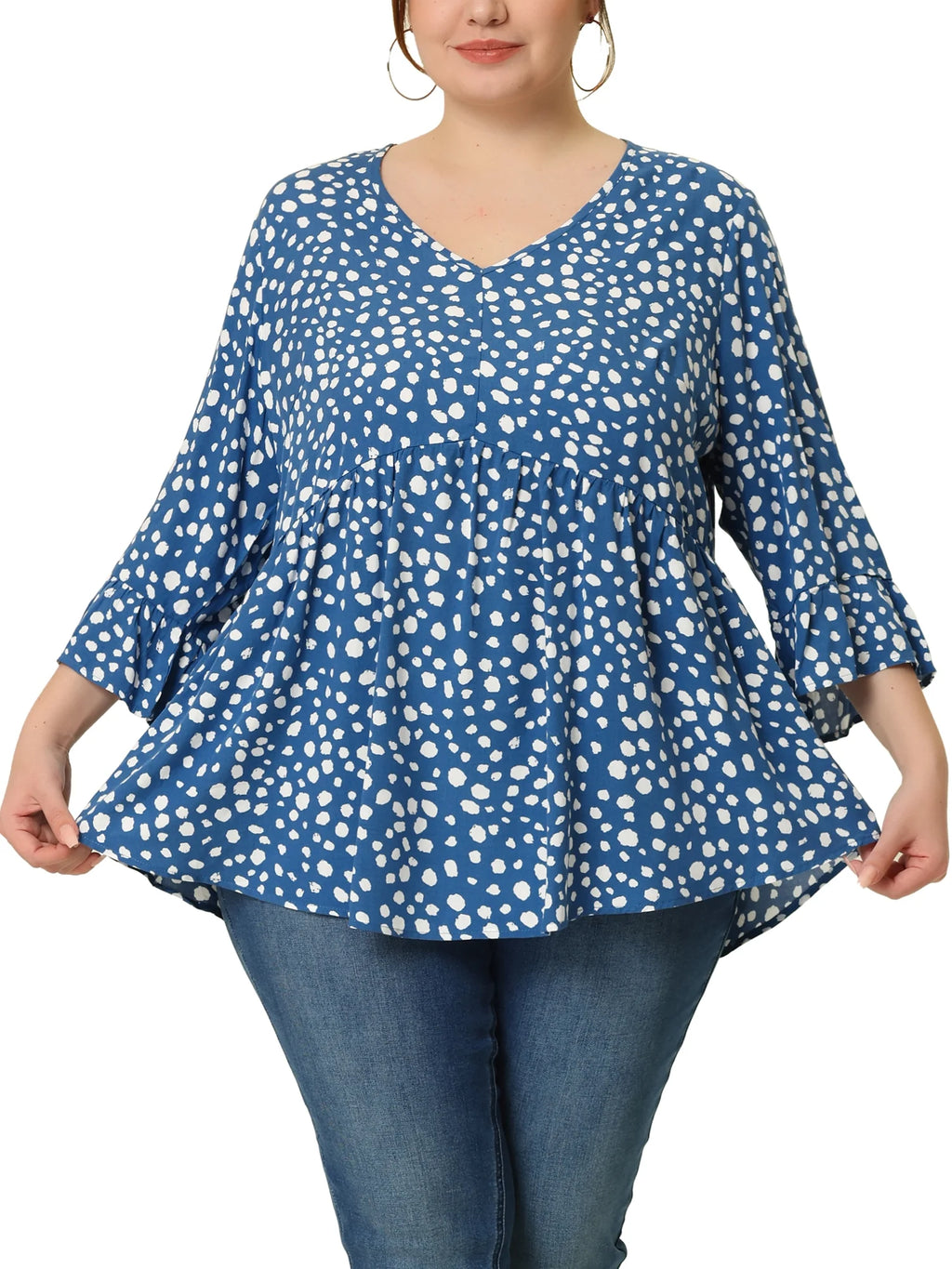 Women'S plus Size Tops Polka Dots V Neck 3/4 Sleeves Peplum Hem Babydoll Blouses 3X Blue