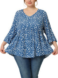 Women'S plus Size Tops Polka Dots V Neck 3/4 Sleeves Peplum Hem Babydoll Blouses 3X Blue