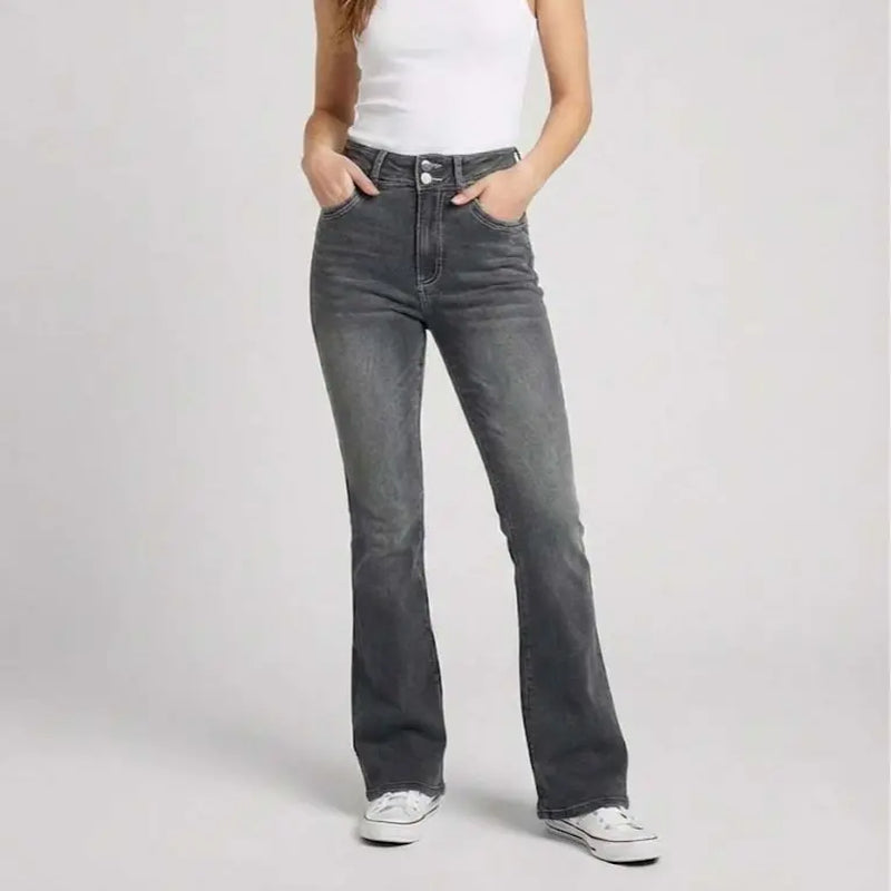 70562-Women'S High Rise Bootcut Jeans, Double-Button Denim Pants for Comfortable Style, Distressed Back Pocket Slim Fit