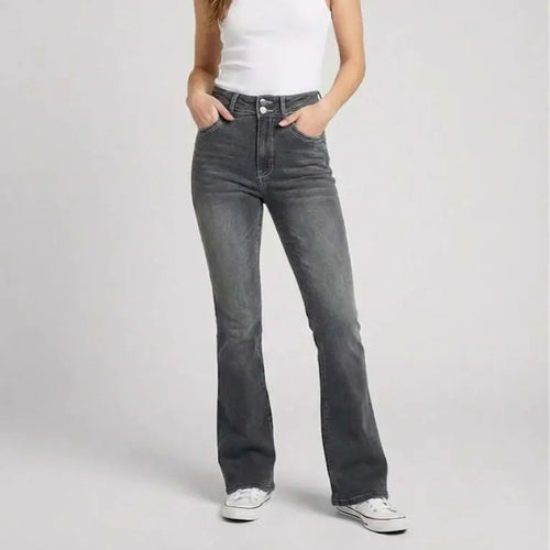 70562-Women'S High Rise Bootcut Jeans, Double-Button Denim Pants for Comfortable Style, Distressed Back Pocket Slim Fit