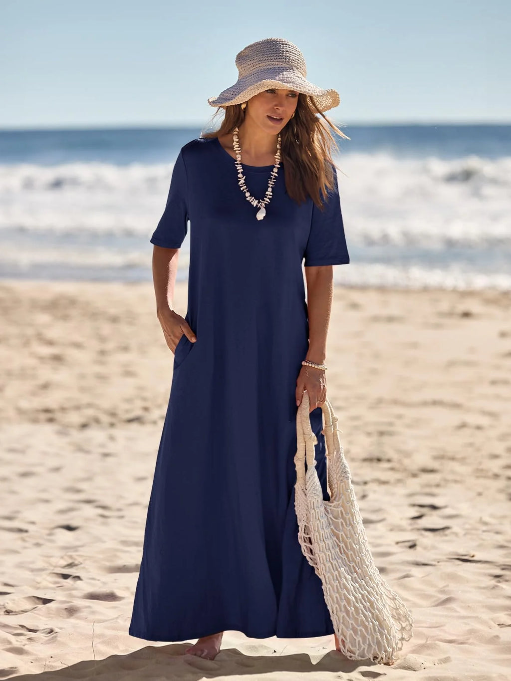 Women'S 2025 Short Sleeve Casual Summer Basic Long Maxi Dresses with Pockets(Navy-Xl)