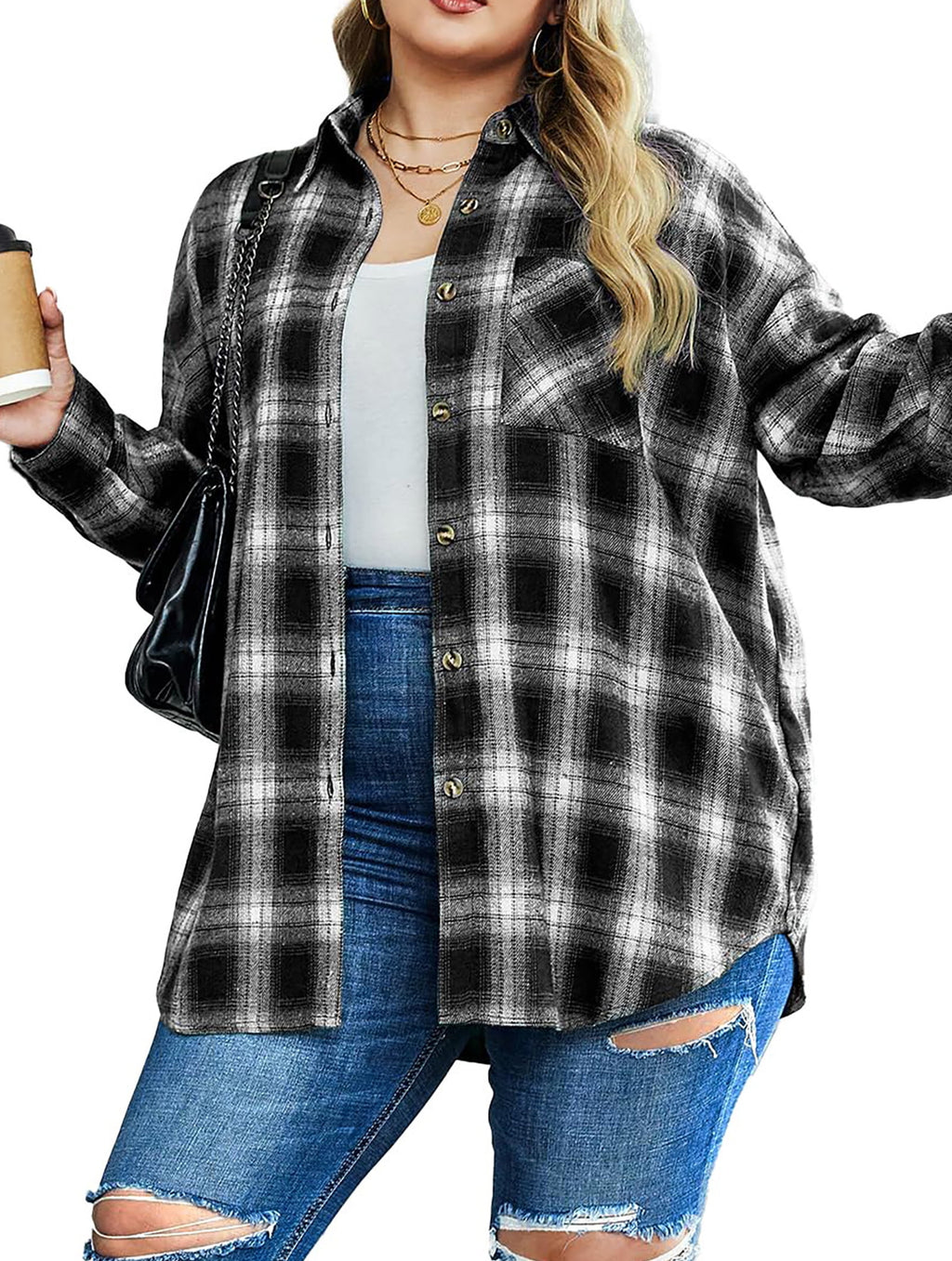 plus Size Flannel Plaid Shirts for Women Long Sleeve Button down Shirts Casual Loose Blouses Tops
