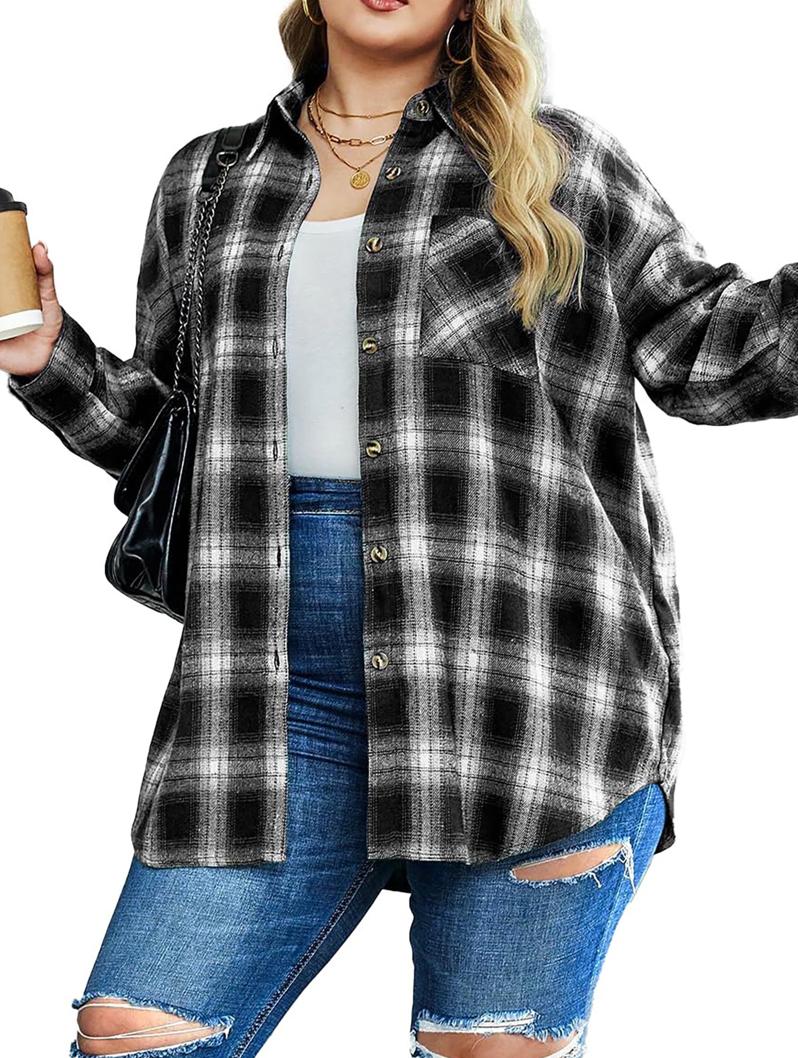 plus Size Flannel Plaid Shirts for Women Long Sleeve Button down Shirts Casual Loose Blouses Tops