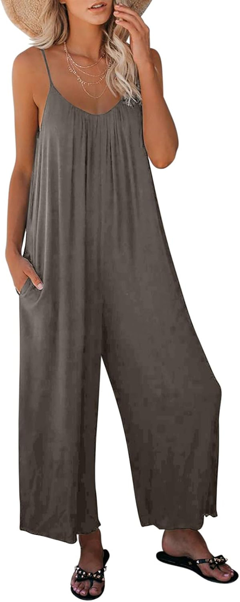 Womens plus Size Sleeveless V Neck Adjustable Spaghetti Strap Long Romper Jumpsuits with Pockets,Xxx-Large Gray