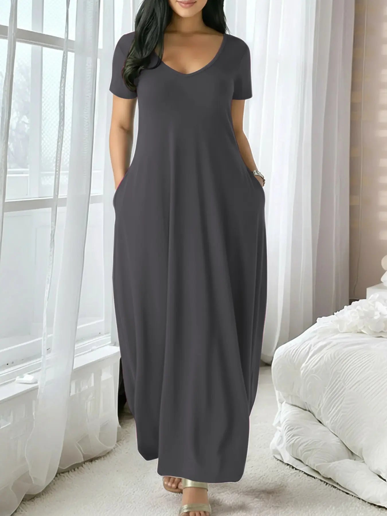 Women'S Long Fitted Coffee Dress, Large round Neck Short Sleeve Pocket Sleepwear, Casual Home Clothing Soft Fabric All Seasons Wear
