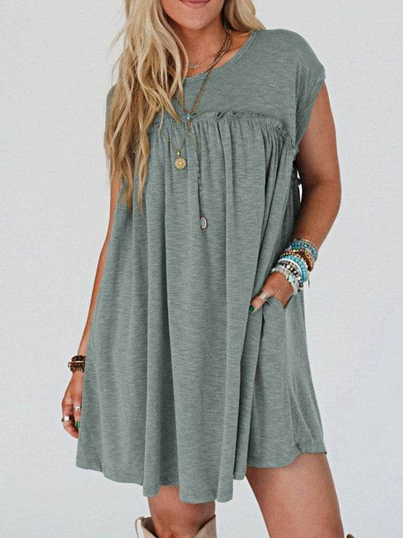 Viscose Green Frilled Seam Pocket T Shirt Dress