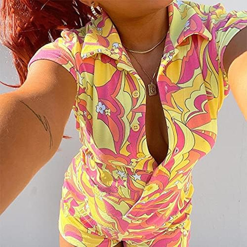 Y2K Knit Jumpsuit Shorts for Women Short Sleeve Button Collared Rompers Bodysuit One-Piece Playsuit Overalls