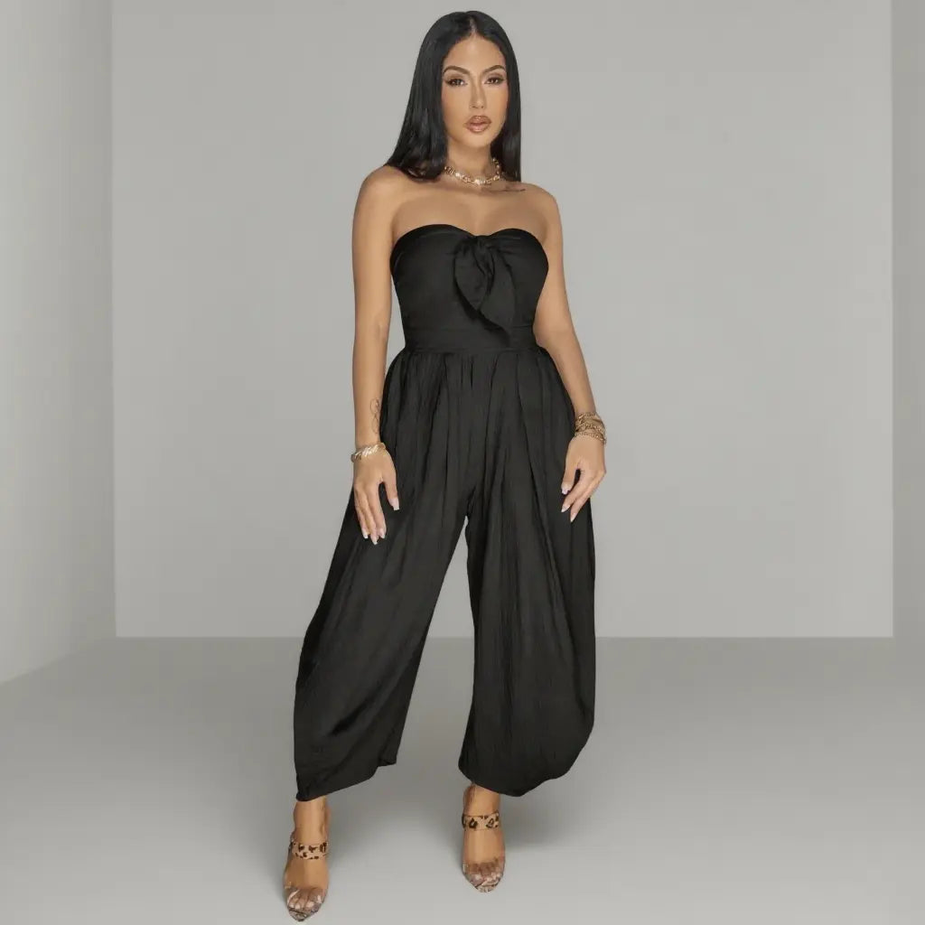 Echoine Strapless Tube Top Jumpsuit Women'S Backless Smocked Waist Harem Pants One Piece Overalls with Side Pockets Fashionable Summer Beach Wear Solid Color