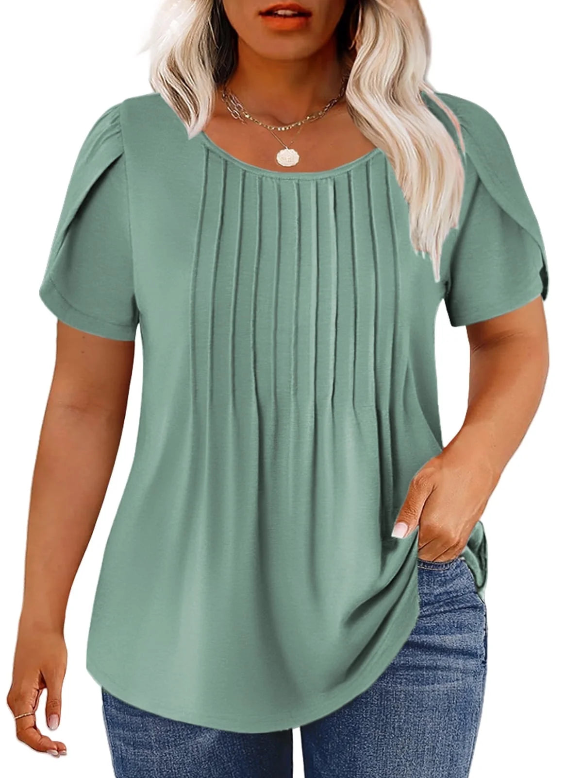 Womens plus Size Tops Dressy Petal Sleeve Shirts 2025 Crew Neck Summer Loose Fit Blouses 5X Lake Green