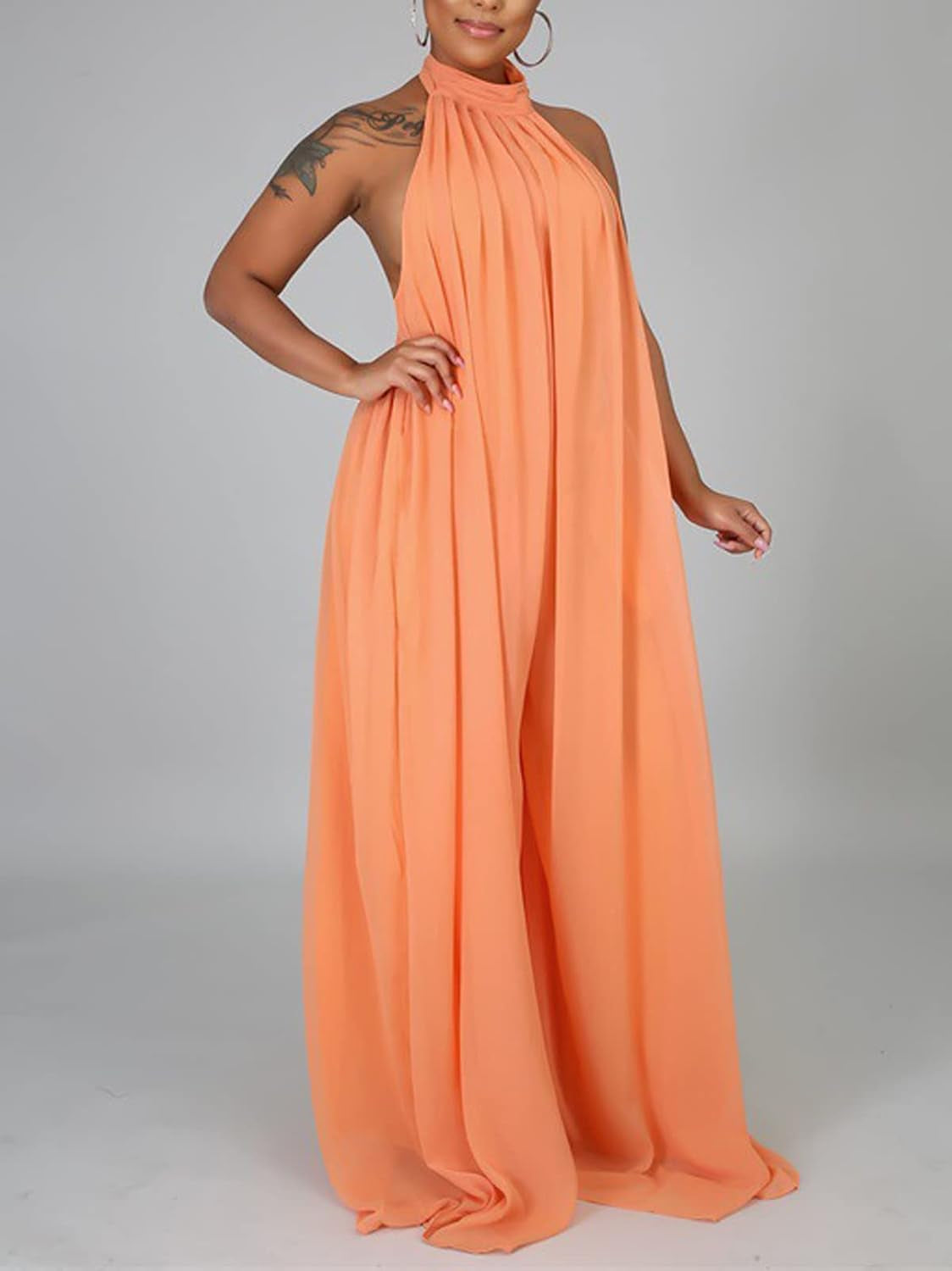 Women’S Sexy Summer Jumpsuit Halter Neck Sleeveless Chiffon Wide Leg Long Pant Jumpsuit Romper One Piece Party Outfit Orange Large