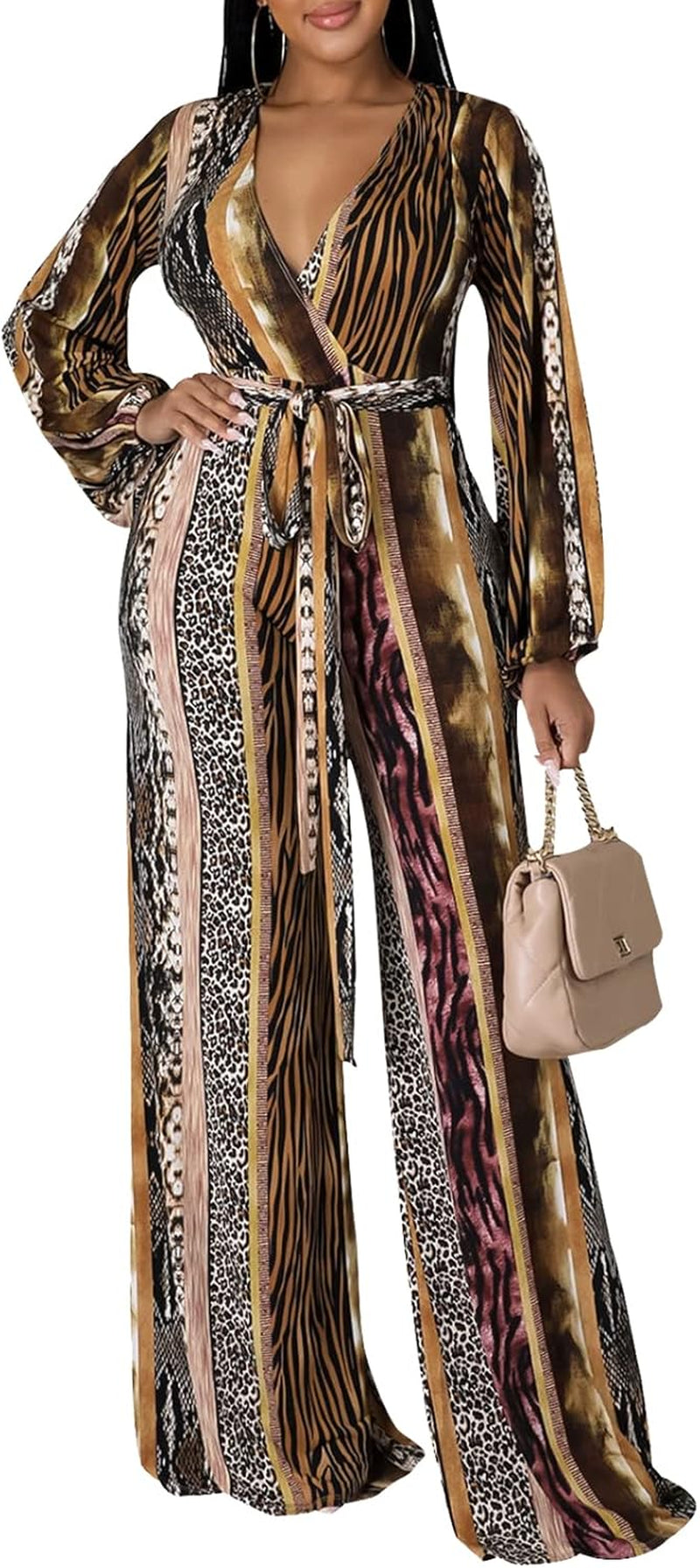 Women'S Sexy Floral Print Elegant One Piece Clubwear Deep V Neck Long Sleeve Casual Jumpsuits
