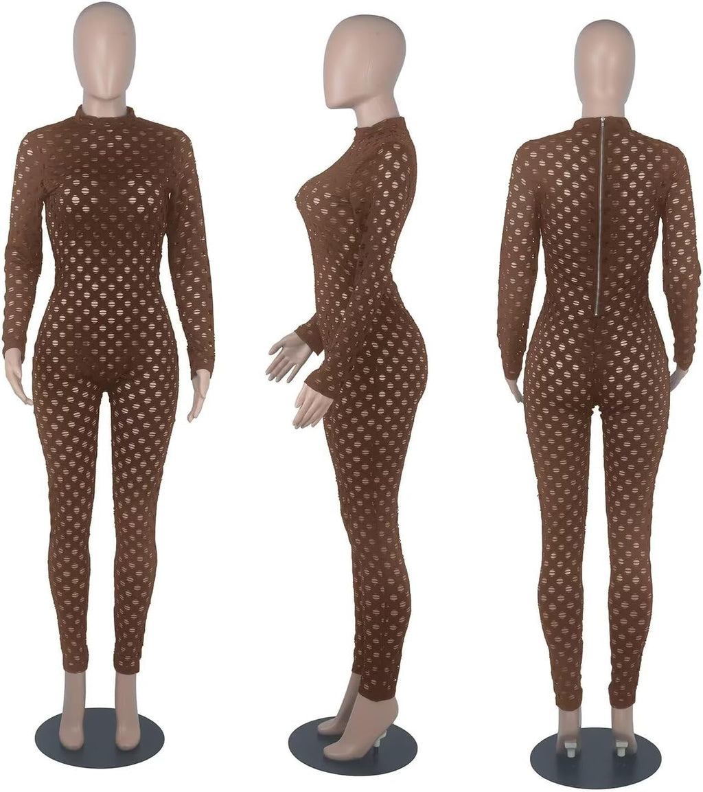 Sexy Bodycon Jumpsuits See through Mesh Lace Hollow Out One Piece Club Outfits Clubwear Coffee Small
