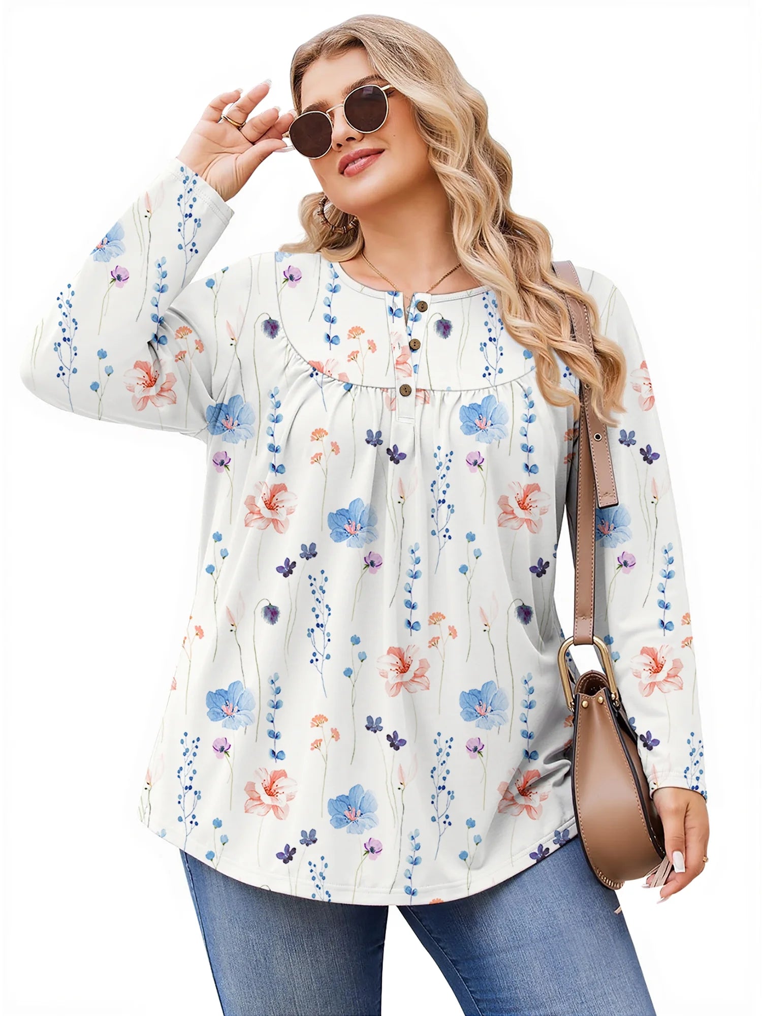 plus Size Womens Blouses Long Sleeve Floral Tunic Tops Henley Neck Flowy Fall Shirts