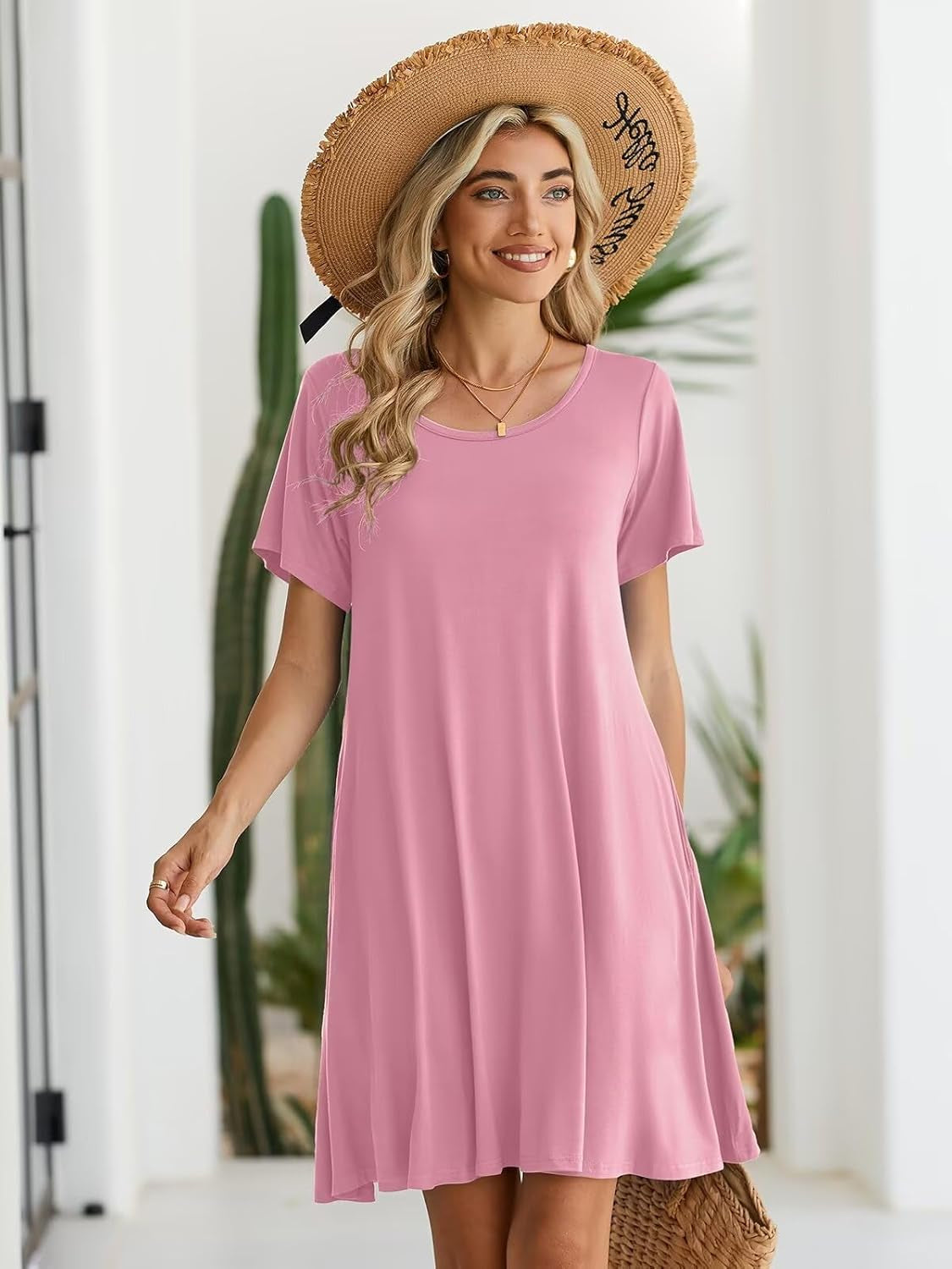 Womens Summer Casual T Shirt Dress Loose Swing Tunic Dress Short Sleeve Sundress with Pockets
