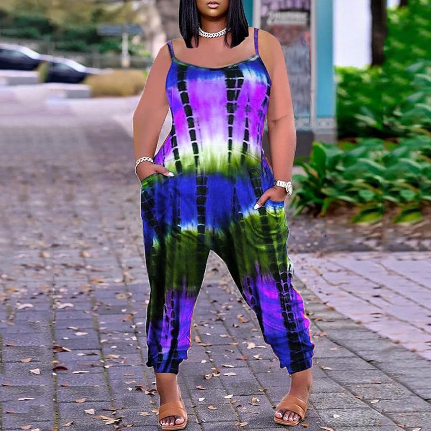 Jumpsuits for Women, Casual Summer Tie-Dye Print Overalls plus Size Suspenders Playsuit Backless Rompers with Pocket Purple