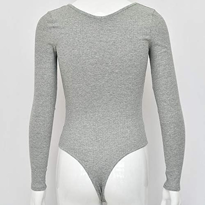 Womens Sexy V Neck Bodysuit Basic Ribbed Long Sleeve Jumpsuits Tops for Women Fall Tops