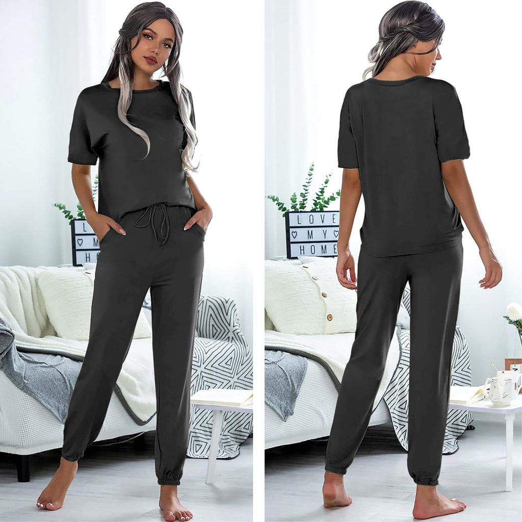 Lounge Sets for Women 2 Piece Short Sleeve Crewneck Jogger Pants Matching Loungewear Sweatsuit Outfits Set (Dark Grey-04, Medium)